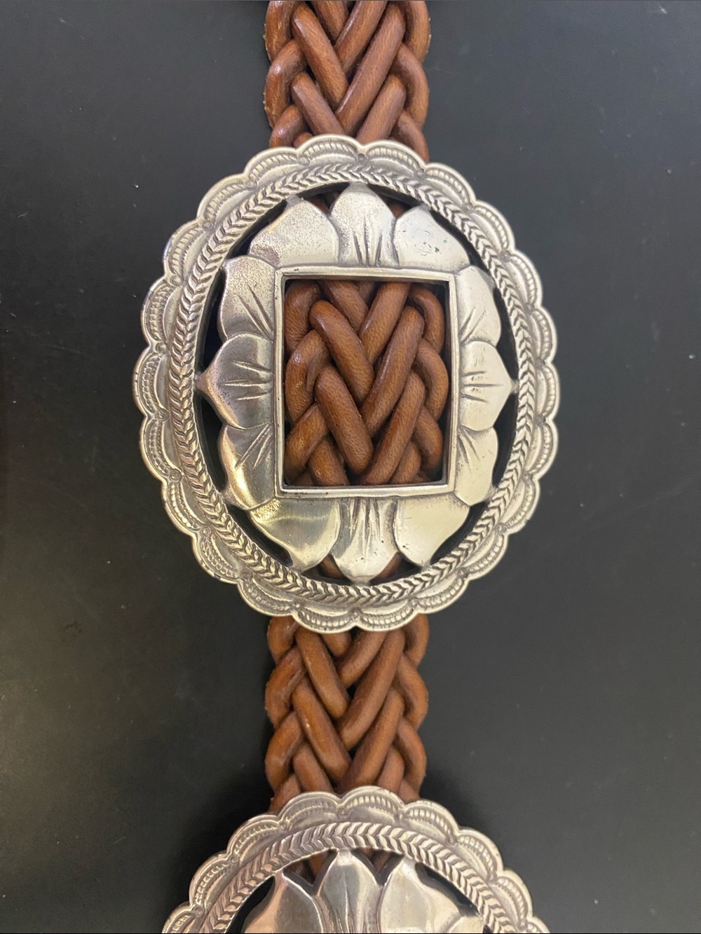 1990s vintage Braided Brown Leather Concho Belt with Silver-Tone Medallions - Picture 2 of 5